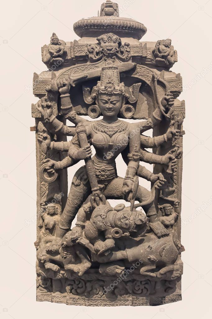 Archaeological sculpture of Mahisasuramardini from Indian mythology