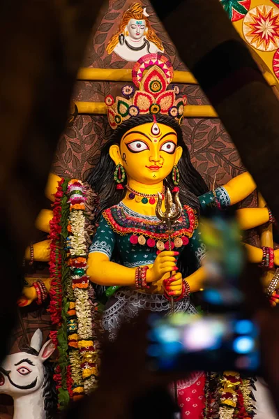 Goddess Durga Idol Decorated Durga Puja Pandal Shot Colored Light — Stock Photo, Image