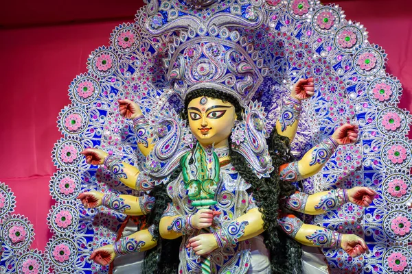 Bogini Durga Immunitet Udekorowanym Durga Puja Pandal Zastrzelony Kolorowe Światło — Zdjęcie stockowe