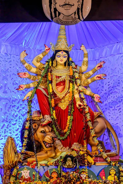 Bogini Durga Immunitet Udekorowanym Durga Puja Pandal Zastrzelony Kolorowe Światło — Zdjęcie stockowe