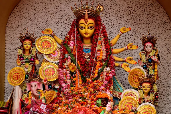 Θεά Durga Είδωλο Διακοσμημένο Durga Puja Pandal Πυροβόλησε Στο Έγχρωμο — Φωτογραφία Αρχείου