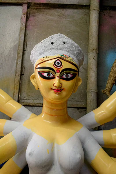 Primer Plano Ídolo Arcilla Diosa Devi Durga Antes Del Próximo —  Fotos de Stock