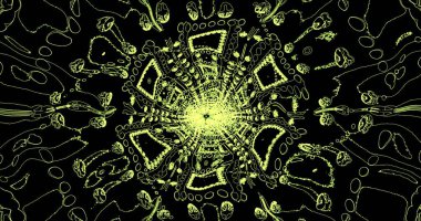 Renkli soyut tasarım, ayrıntılı desenler ve şekillerle çevrili merkezi bir parlayan daire içerir. Dinamik bileşim canlı renkleri ve eşsiz yapısı ile büyüleyicidir..