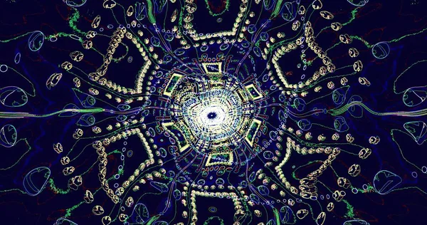 Parlak kıvrımlı şekiller ve çizgiler, izleyiciyi canlı renklerle ve karmaşık detaylarla çeken çarpıcı bir soyut tasarım yaratır. Tasarım bir merak ve keşif hissi uyandırıyor..