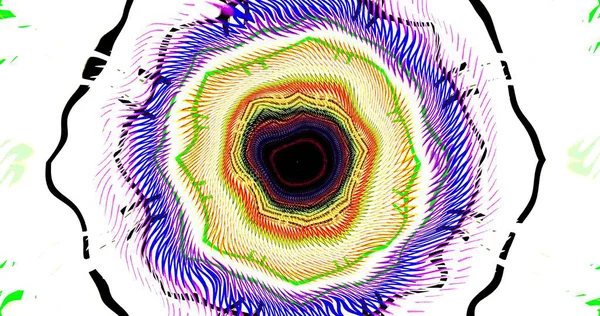 Parlak ve canlı dairesel tasarım dışarıya doğru yayılan uyumlu dalgalar içerir. Merkezi alan koyu renkli desenlerle çarpıcı bir kontrast oluşturuyor..