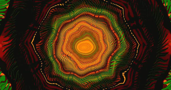 Bu sanat eseri sıcak turuncu ve serin yeşil renklerden oluşan dinamik bir spiral içerir. Tasarım, izleyiciyi kendine çeken karmaşık çizgiler ve şekiller sergiliyor..