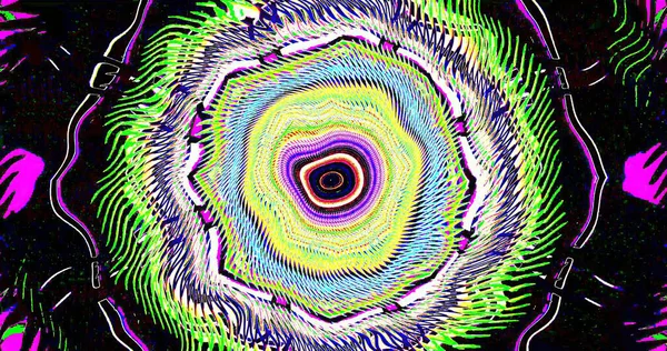 Parlak kıvrımlı renkler, koyu bir arka planda büyüleyici dairesel desen oluşturur, parlak yeşiller, mor renkler ve soyut bir dizaynda sarılar sergiler..
