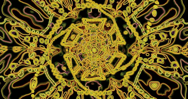 Dönen desenler ve canlı renkler karmaşık dairesel bir tasarım yaratır. Sanat eserleri sarı ve siyah tonlarını birleştiriyor, dikkat çeken canlı ve soyut bir stil sergiliyor..