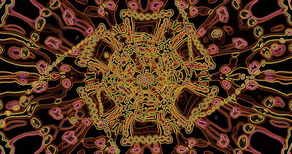 Karmaşık desenler ve canlı renkler birbirine karışarak büyüleyici bir soyut tasarım oluşturur. Dönen şekiller ve parlak çizgiler görüntüye hakim, enerjik bir atmosfer sunuyor..