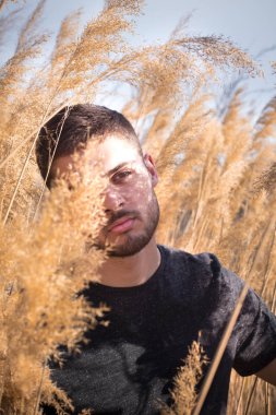 Genç güzel adamın açık hava moda fotoğrafı, sazlıkta model fotoğrafları
