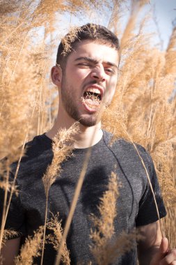 Genç güzel adamın açık hava moda fotoğrafı, sazlıkta model fotoğrafları