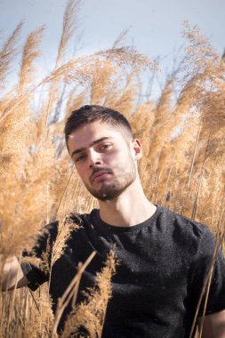 Genç güzel adamın açık hava moda fotoğrafı, sazlıkta model fotoğrafları