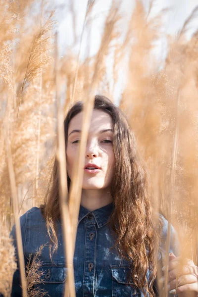 Outdoor Modefoto Der Jungen Schönen Dame Modelfotos Schilf — Stockfoto