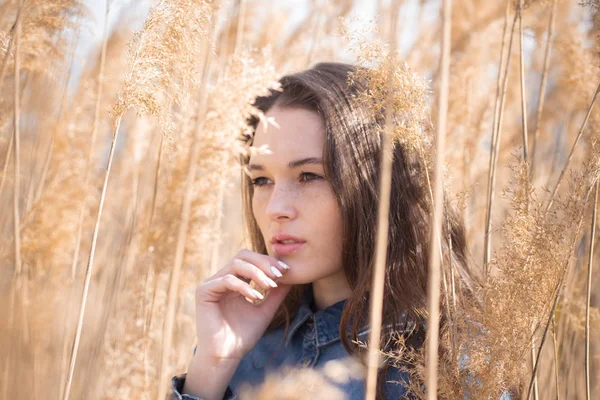 Outdoor Modefoto Der Jungen Schönen Dame Modelfotos Schilf — Stockfoto