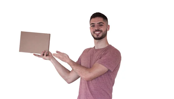 Conceito Entrega Homem Retrato Com Caixa — Fotografia de Stock