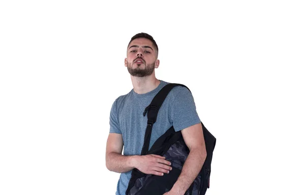 Handsome Guy Backpack White Background — Stock Photo, Image