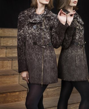 Trendy kahverengi ceket kadın model, stüdyo çekim