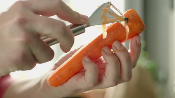 Primer Plano Manos Femeninas Pelando Zanahoria — Vídeos de Stock