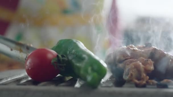 肉や野菜をグリルに用意するクローズアップ — ストック動画