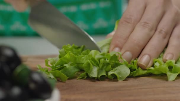 Close Mãos Femininas Cortando Folhas Salada Tábua Madeira — Vídeo de Stock