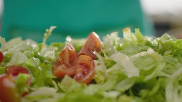 Slow Motion Ripe Tomatoes Falling Salad — Stock Video