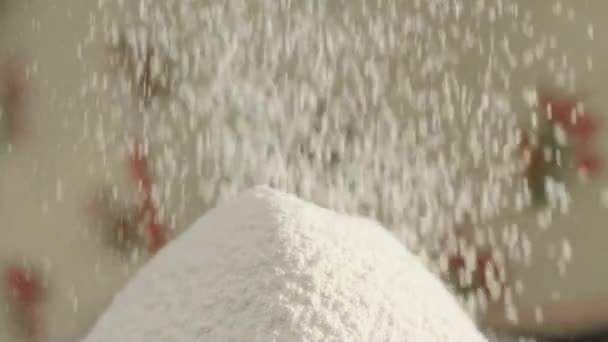 Slow Motion White Flour Falling Pile Table — Stock Video