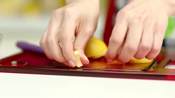 お母さんはレモンスライスをサラダに入れながら女の子は台所で夕食の準備を手伝って — ストック動画