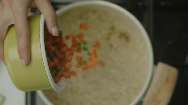 Slow Motion Female Hands Putting Vegetables Garnish Pan — Stock Video