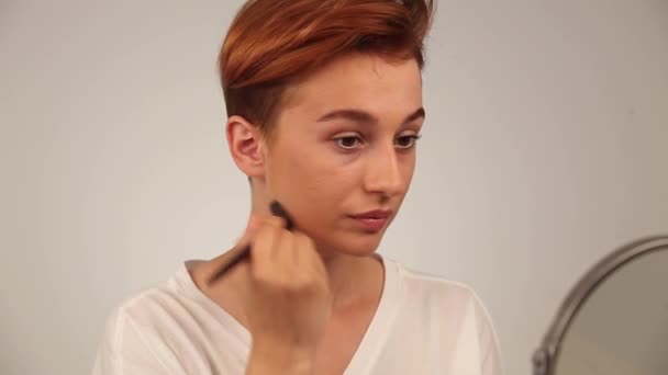 Stylish Young Woman Applying Foundation Brush Front Mirror — 비디오