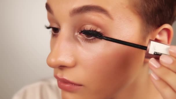Élégant Jeune Femme Appliquant Mascara Gros Plan — Video