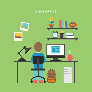 Çalışan adam ile modern ev ofis konsepti için düz simgeler tasarım
