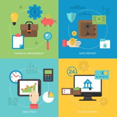 Online bankacılık, finansal yönetim, güvenli mevduat, analitik ve online kontrol için düz simgeler tasarımı
