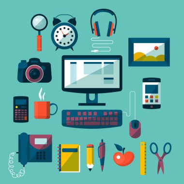 Modern ofis çalışma alanının düz simgeleri