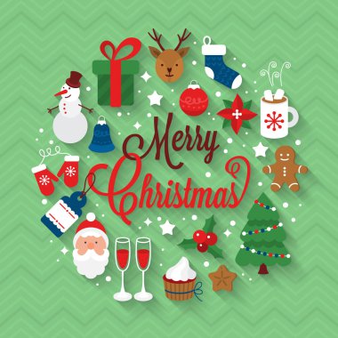 Düz simgeler ve uzun gölge ile Noel tebrik kartı tasarımı