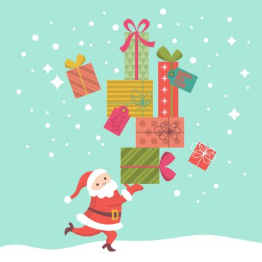 Noel Baba hediye kutuları getiren Noel tebrik kartı tasarımı