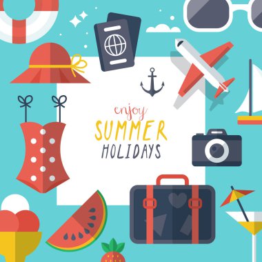 Düz modern ile Yaz tatili tatil afiş şablonu tasarımı 