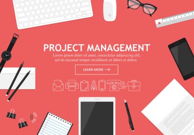 Düz modern tasarım konsepti için proje yönetimi Web sitesi banner