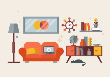 Orta yüzyıl liviing oda için düz modern tasarım. Ev ofis con