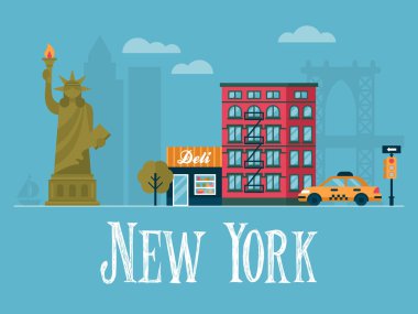 New York City, Abd için düz şık vektör illüstrasyon. Seyahat 