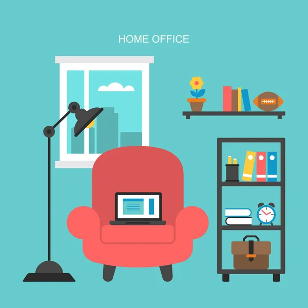 Дизайн плоских іконок для сучасної концепції домашнього офісу з ноутбуком на кріслі — стоковий вектор