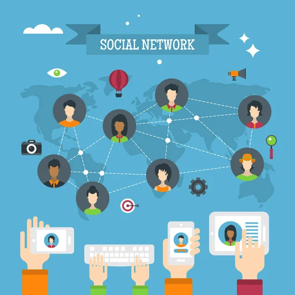 Concept de réseau social avec des avatars de personnes et des icônes plates — Image vectorielle