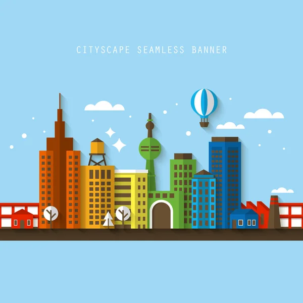 Banner sem costura Cityscape com ícones modernos planos — Vetor de Stock