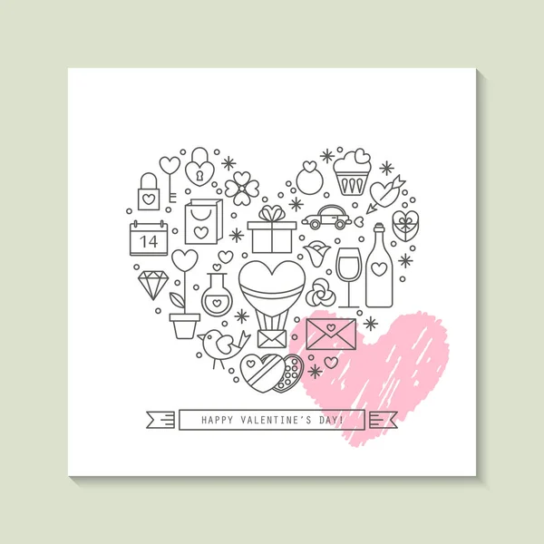 Diseño de tarjetas de felicitación del día de San Valentín con iconos de línea delgada — Archivo Imágenes Vectoriales