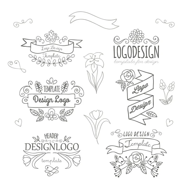 Set of logo design hand drawing elements with flowers and banner — Stock Vector