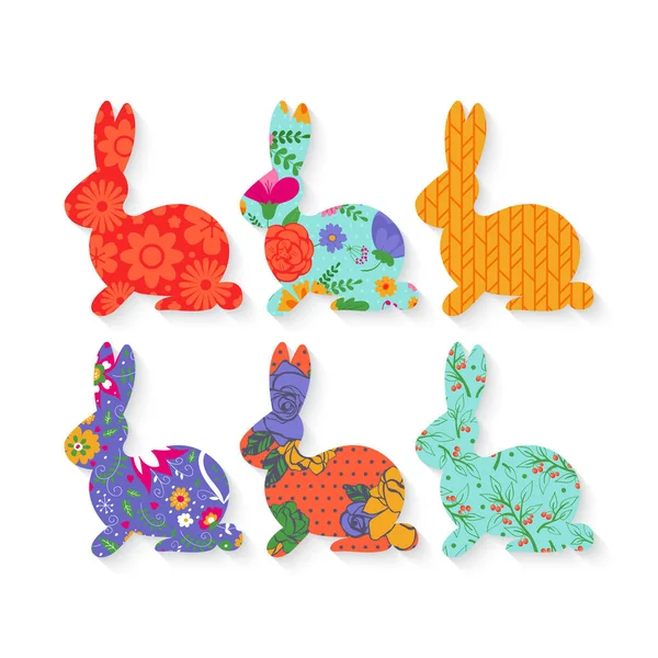 Silueta de conejo de Pascua con patrón floral — Vector de stock