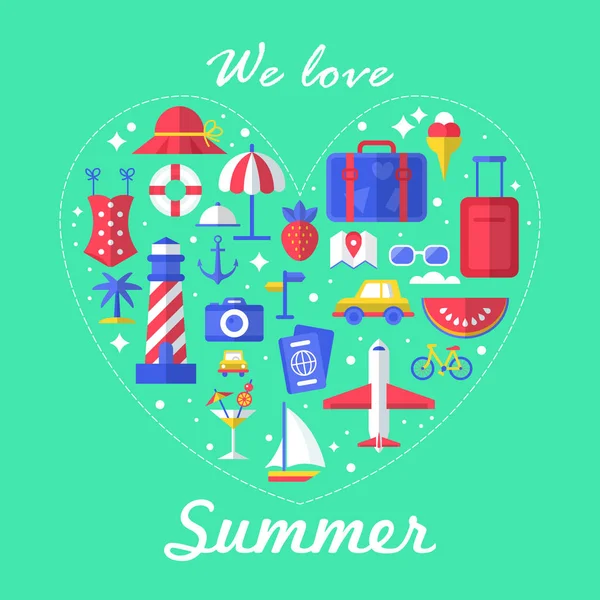 Summer love poster design avec des icônes modernes plates — Image vectorielle