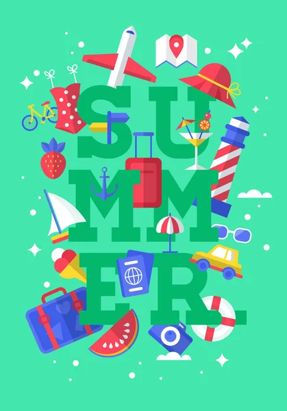 Poster de lettrage vacances d'été design avec des icônes plates modernes — Image vectorielle