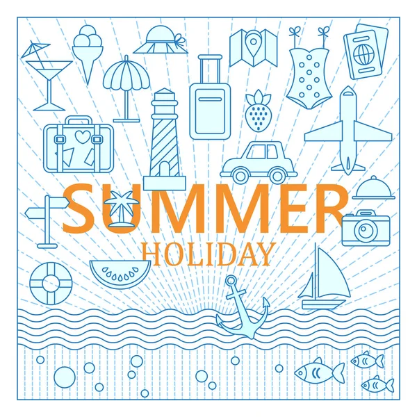 Flat thin line icons for summer holiday vacation concept — Stock Vector