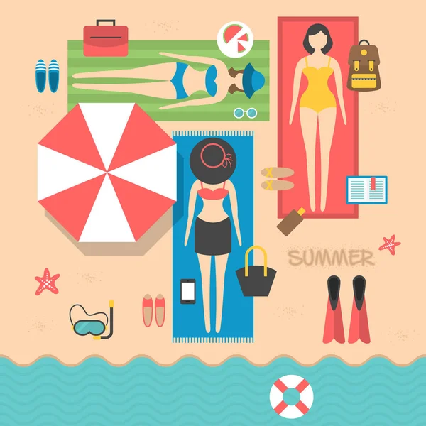 Літні канікули на пляжі з молодими жінками засмагають. Ф'юрі — стоковий вектор