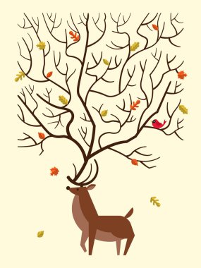Reindeer ve sonbahar yaprakları ile Sonbahar kartı tasarımı. Vektör illustr